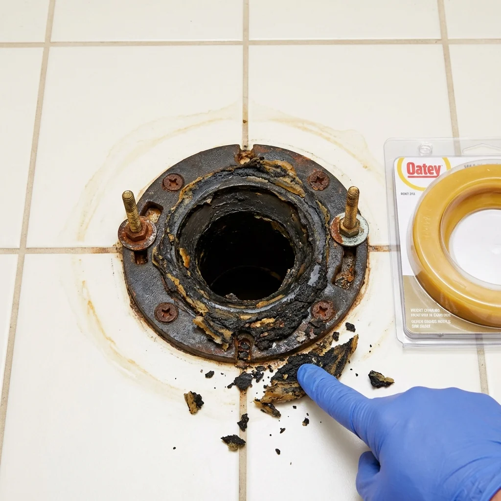 Failed wax ring showing water seepage at the base of a toilet in a Ferndale, MI home
