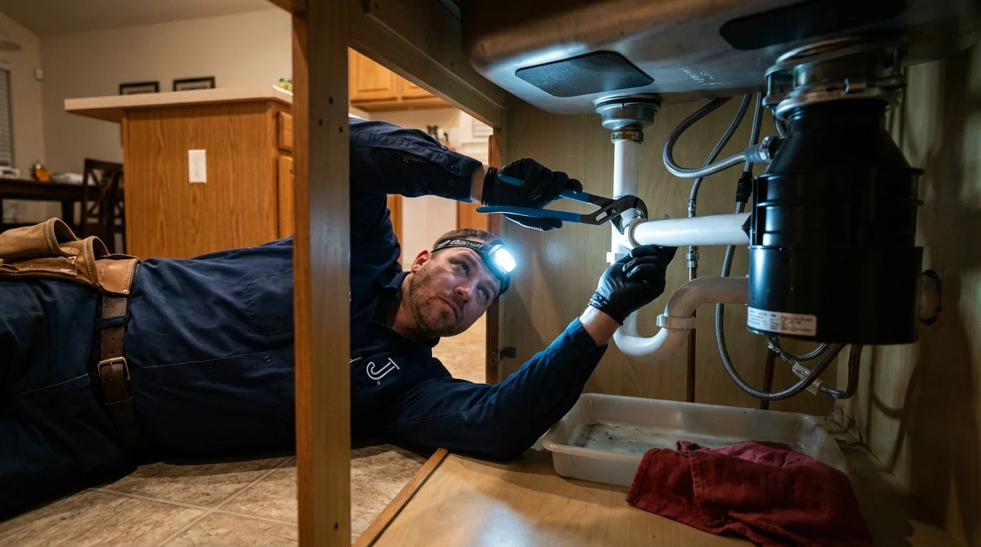P-trap and supply line connections under a kitchen sink showing a common leak point in Ferndale, MI